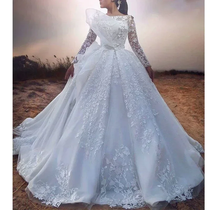 

Customized Lace Appliques Ballgown Wedding Dress Chapel Train Vestido De Casamento Long Sleeves Country Style Bridal Gown