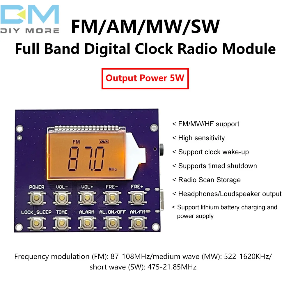 Electronic Display Radio Module 3 Frequency Ranges FM AM Shortwave Mediumwave Full Band LCD Display Support Timer On/Off