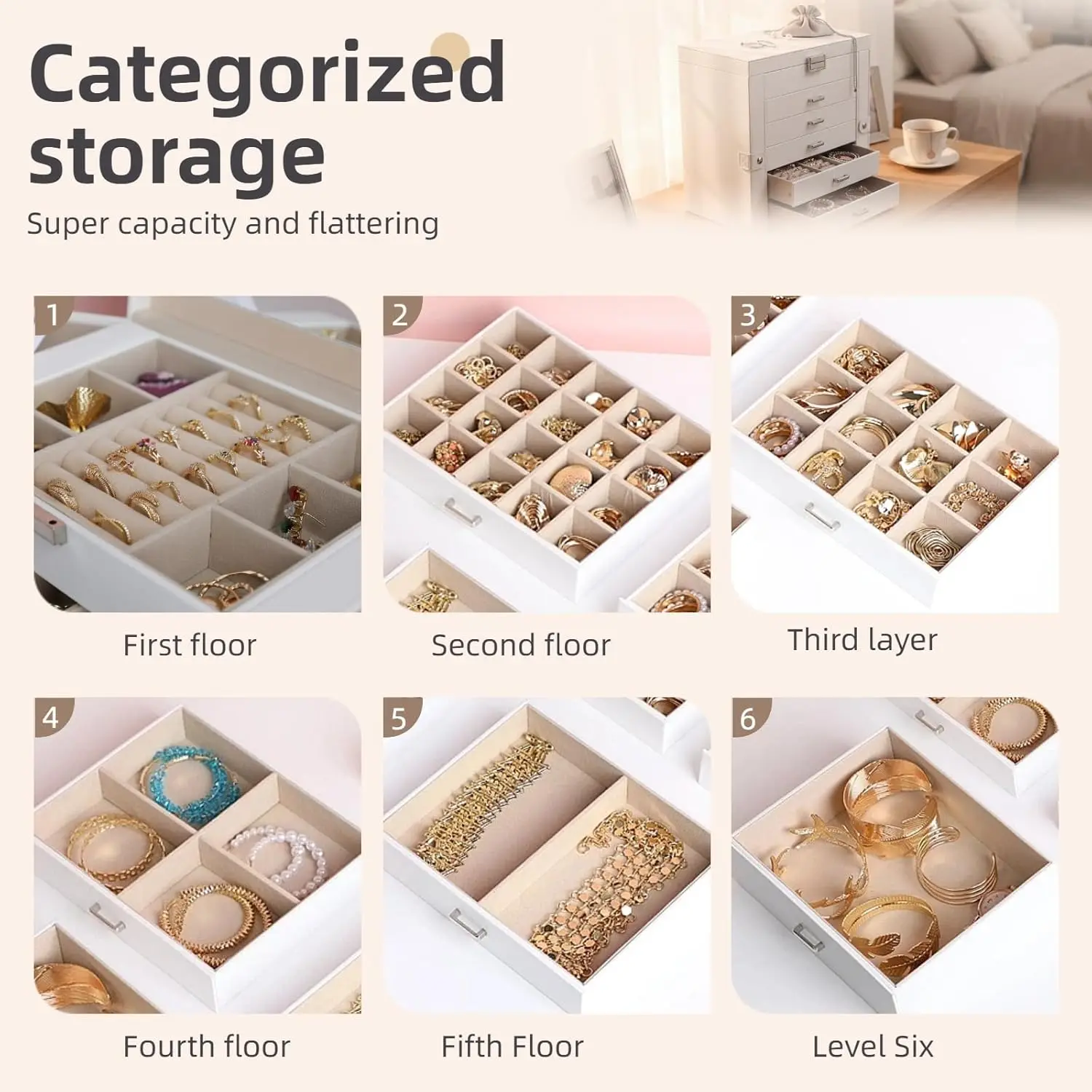 6-Layer Large Jewelry Organizer with Mirror and Lock, Multi-Function Storage Box for Earrings Necklace Bracelet