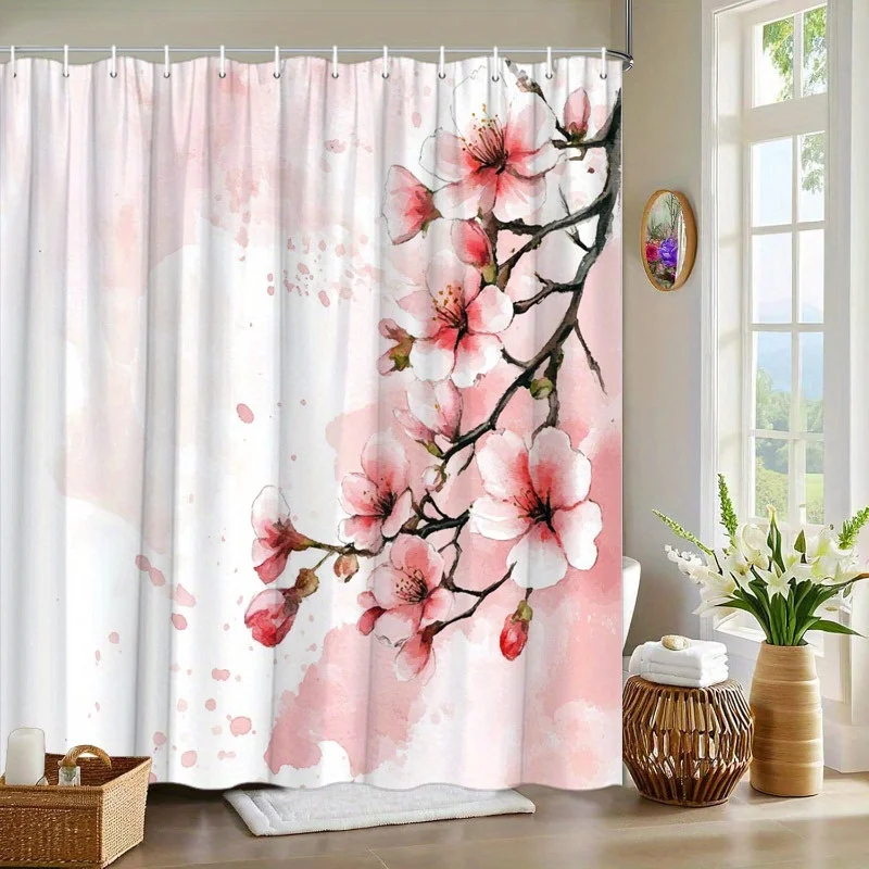 

Цельная занавеска для душа с акварельным узором вишни, мягкими розовыми лепестками и градиентным фоном, поставляется с крючком.
