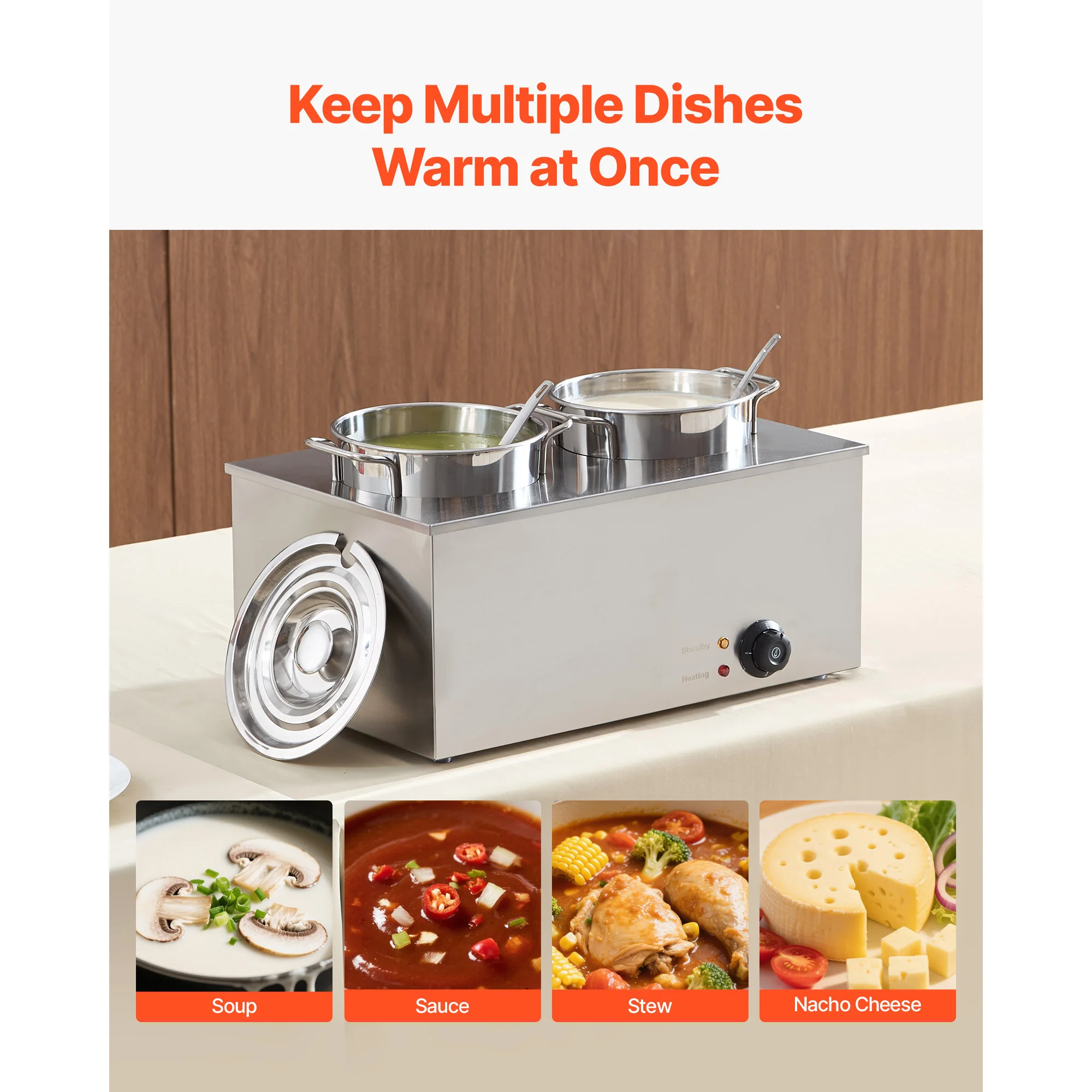 SucceBuy Electric Soup Warmer Two 6.34QT Stainless Steel Round Pot w/ 86~185°F Adjustable 1200W Commercial Bain Marie Compatible