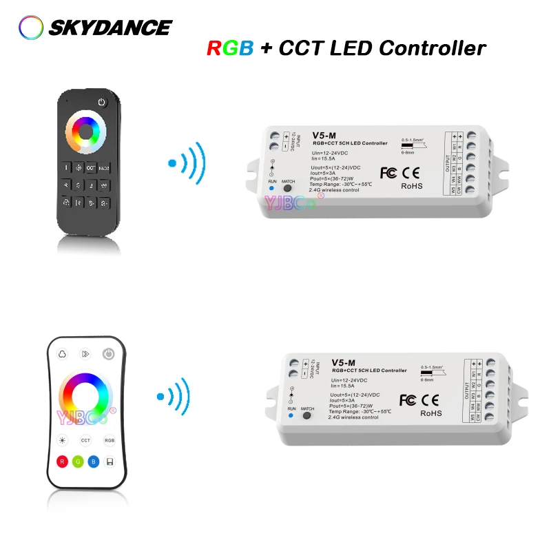 

Skydance 2.4G remote RGBCCT LED strip Controller 12V-24V 5CH Step-less dimming Touch color wheel 5 channel light dimmer switch