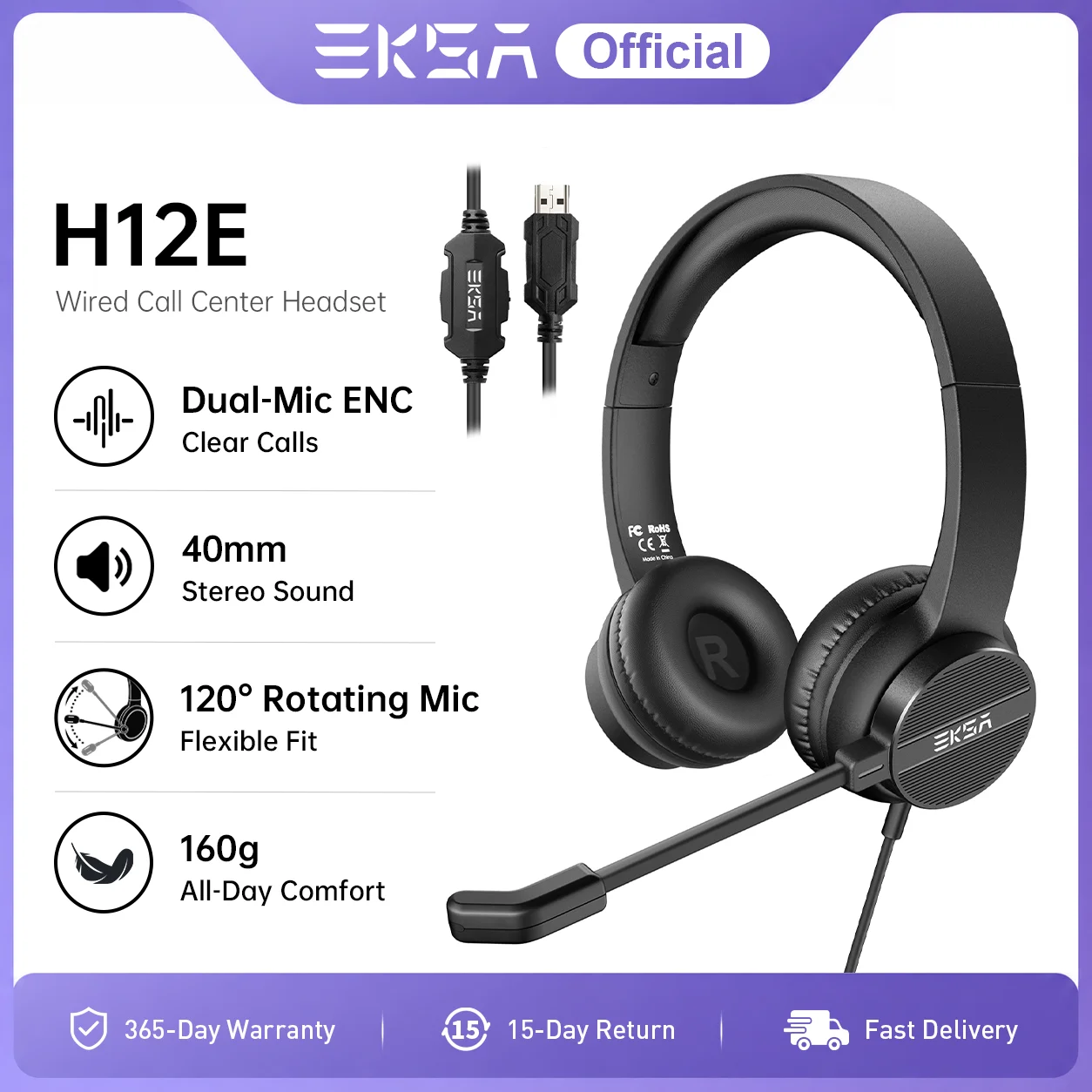 EKSA H12E Office Headset On-Ear USB Wired Computer Headphones with Microphone ENC Call Center Headset Gamer for PC Laptop Skype