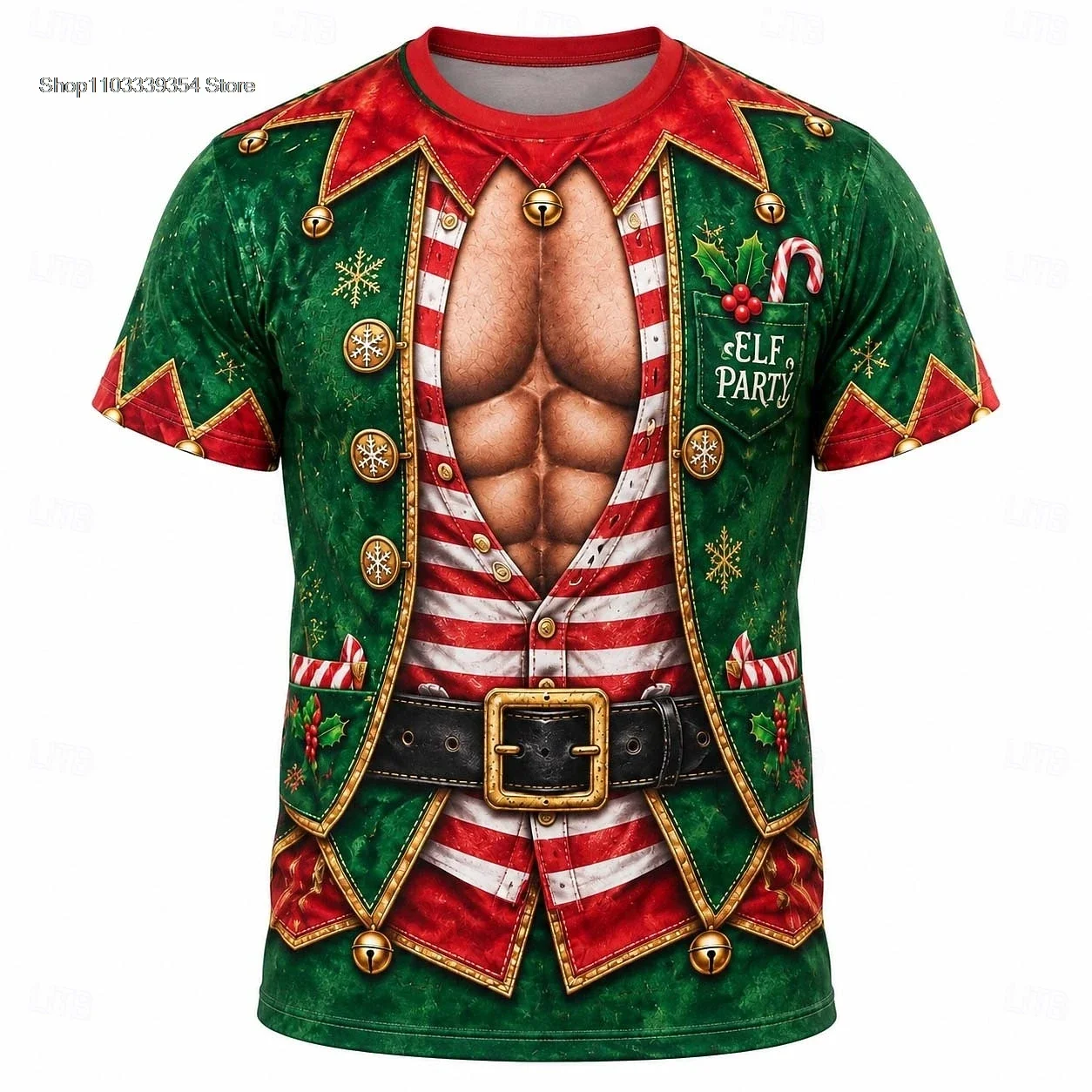 Funny Santa Belly 3D Fake Outfit T-Shirt Christmas Santa Suit Graphic Short Sleeve Crew Neck Novelty Tee for Holiday Party Tops