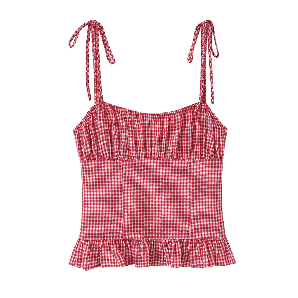 European and American style 2026 summer new arrival sweet style fresh small plaid pleated lace-up slim short top