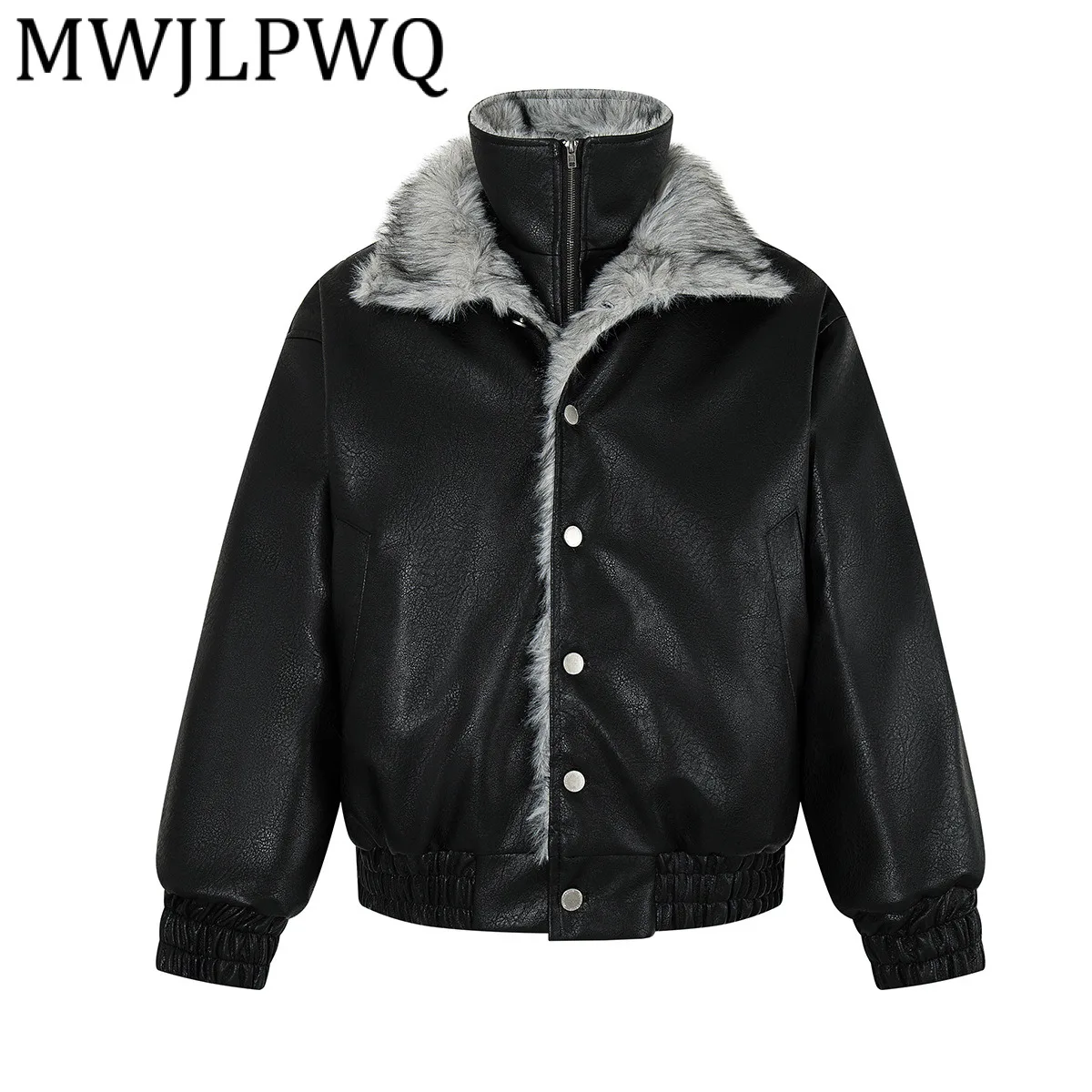

MWJLPWQ Fleece American Style Male Leather Jacket Double Layer Collar High Street Warm Cotton Coat For Men 2025 Winter 21968
