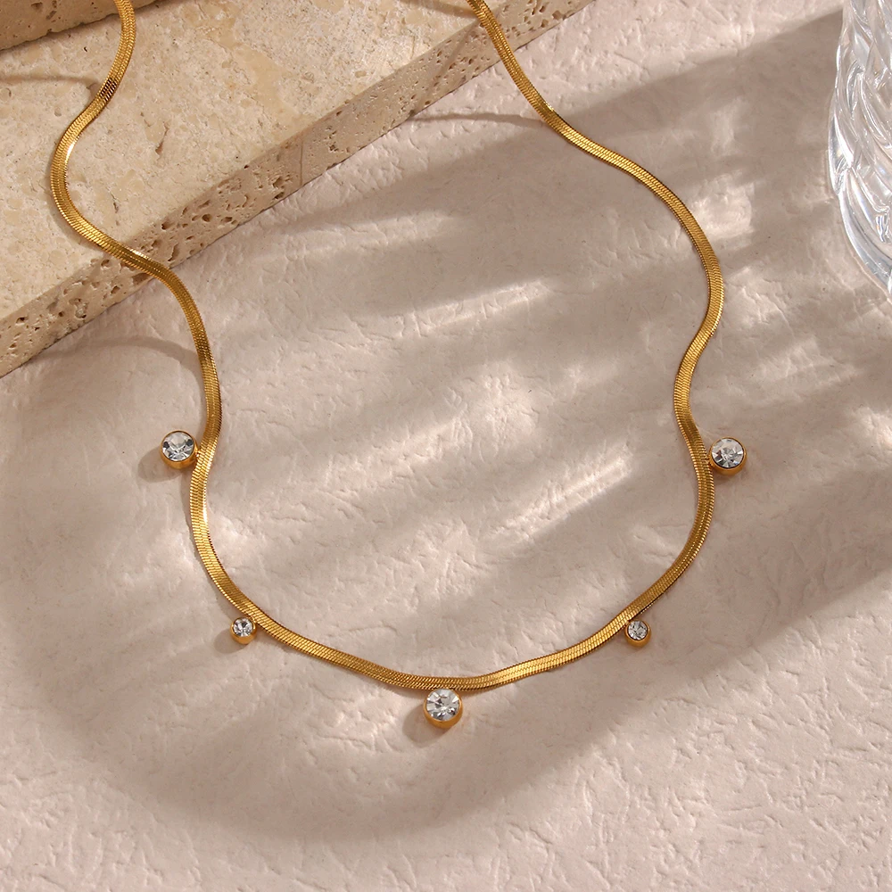 18k Gold Plated Small CZ Charm Choker Herringbone Chain Crystal Beads Pendant Necklace Dainty Jewelry for Women 16\'\'