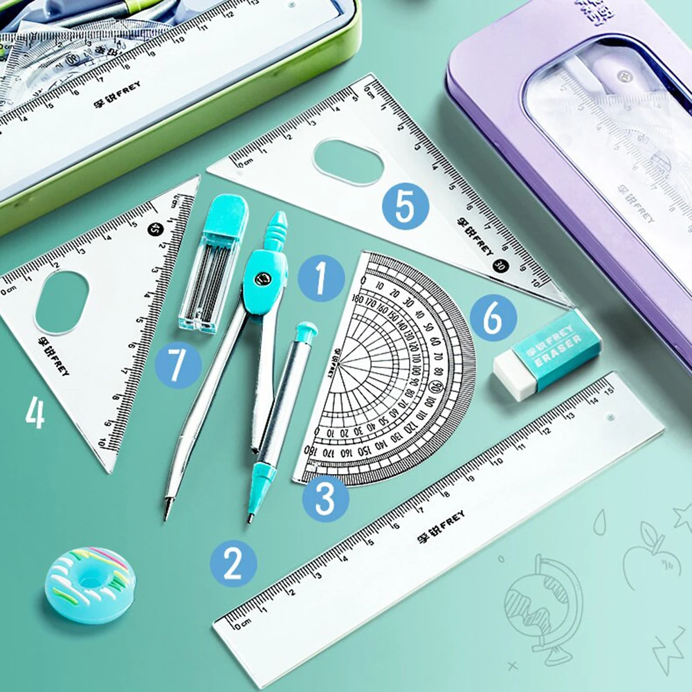 7 Pcs Set Compasses Ruler Protractor Set Student Study Stationery Math Sets Learning Mathematical School Drafting Supplies