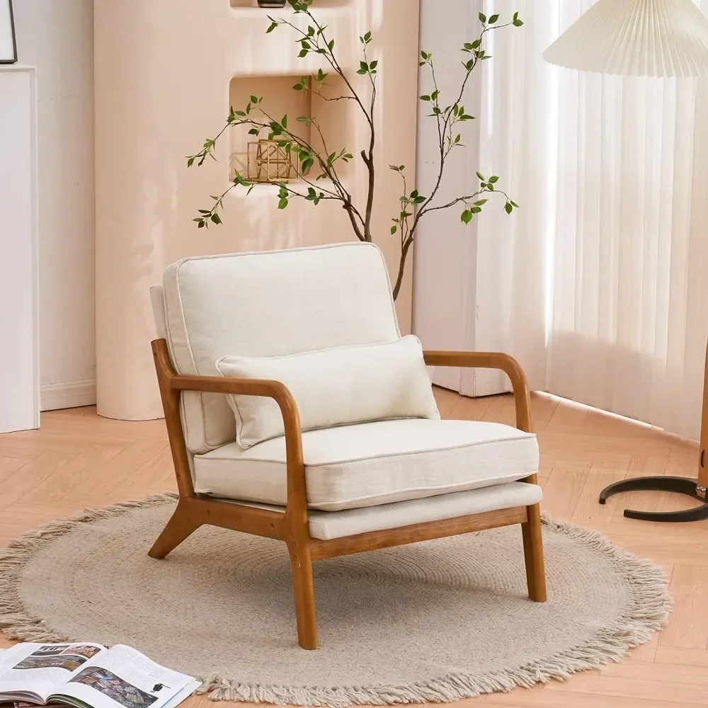 Modern Living Room Chair with Pillow Cushion with Solid Wood Frame and Upholstery, Suitable for Living Room, Bedroom, Beige