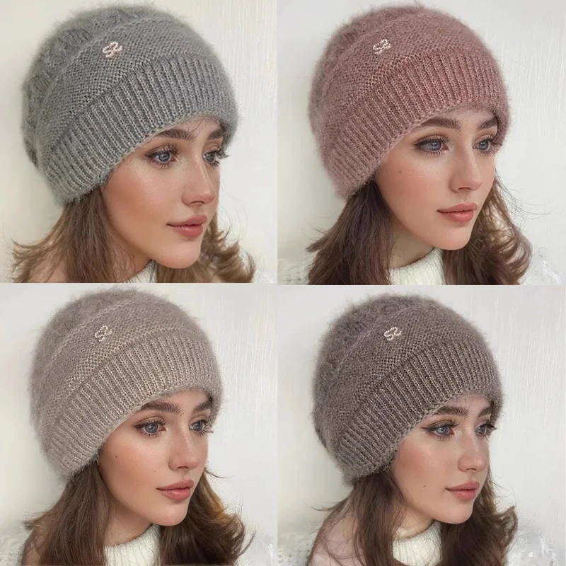 Women's Hat Winter Warm Knitted Hat Stacking Hat Women's Bonnet Double Layered Thickened Cold Ear Protection Hairline Beanie