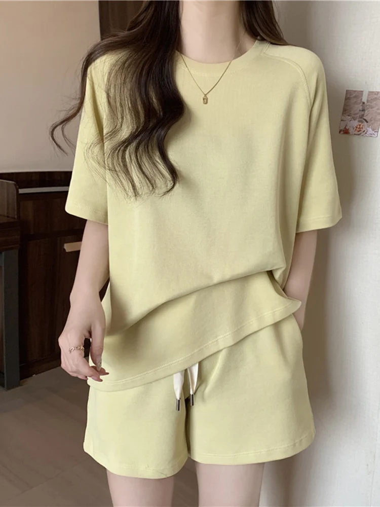 

Summer Leisure Women Set Solid Color O-neck Short Sleeve T-shirts And Drawstring Elastic Waist Shorts 2pcs Suit Ladies Clothes