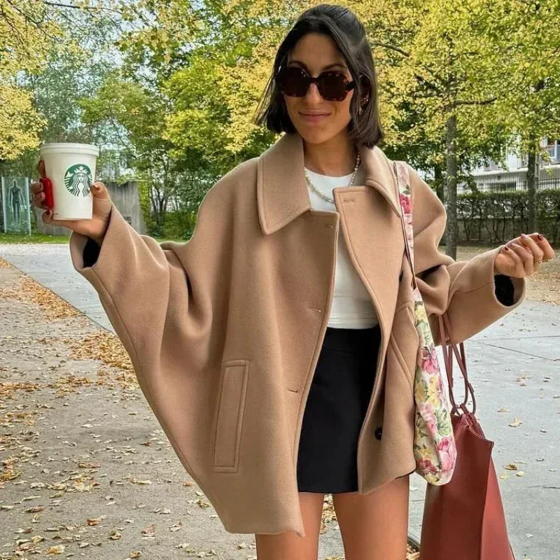 Elegant Woolen Lapel Coat Loose Solid Long Sleeve Single Breasted Pocket Female Jackets 2026 Autumn Fashion Street Lady Outwear