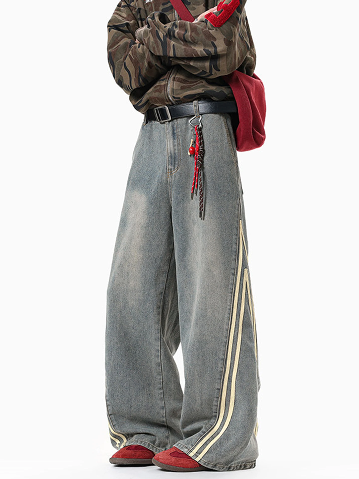 

Модные американские винтажные мужские джинсы свободного прямого кроя с полосатыми вставками и дизайном в виде ножей для осени