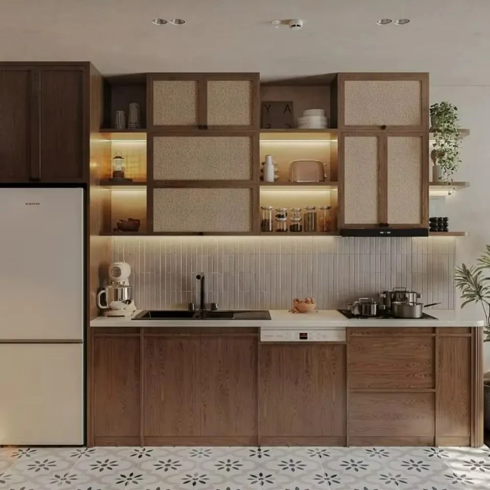 DBM Kitchen with Island Design Walnut Wood Veneer Kitchen Cabinet with Shaker Door Design