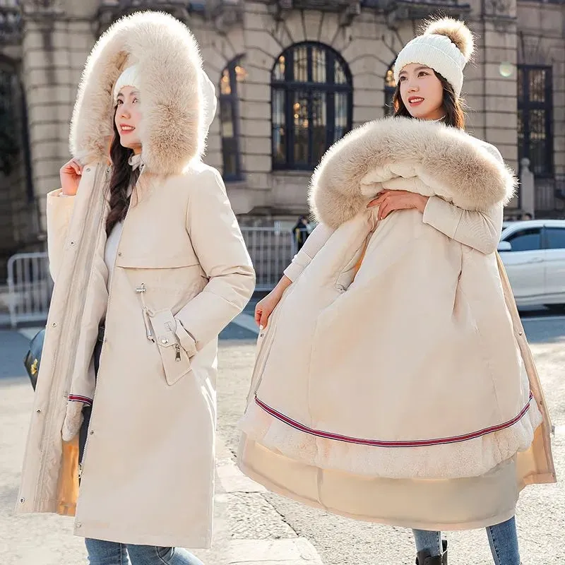 Winter Women\'s Parka Big Fur Collar Detachable Double Thick Lining Slim Waist 2022 New Jacket Mid long Casual Cotton Padded Coat