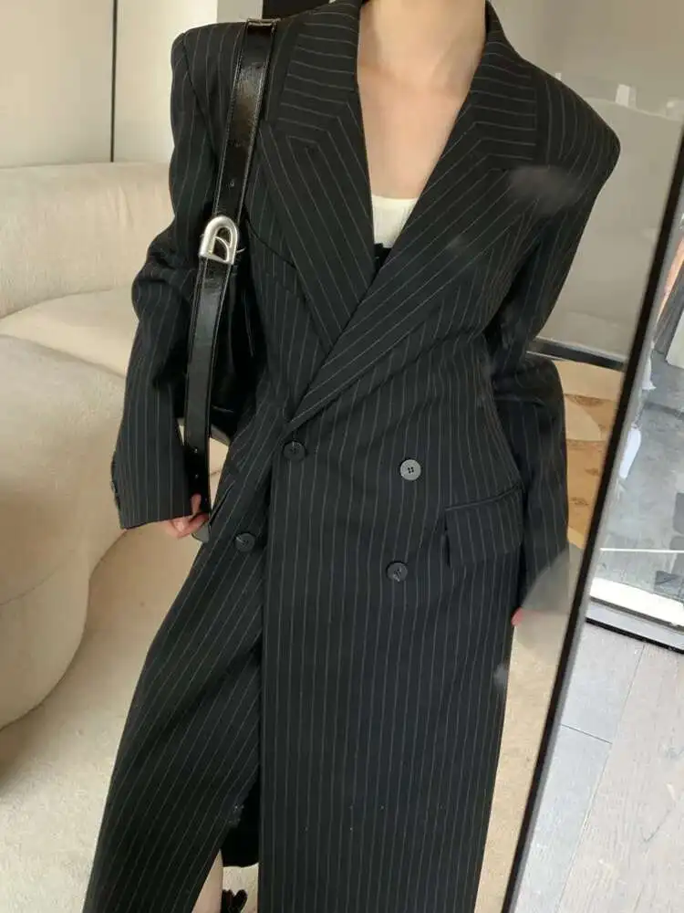 BJTZ herfst en winter hoogwaardig verticaal gestreept windjack met dubbele rij knopen in de taille, zwart slim fit damesjack