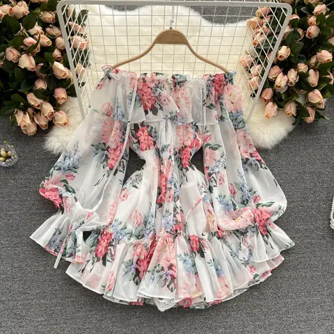 Seksi Slash boyun spagetti kayışı Mini şifon elbise kadın yaz tatil plaj Flare uzun kollu fırfır mavi/yeşil Vestidos yeni