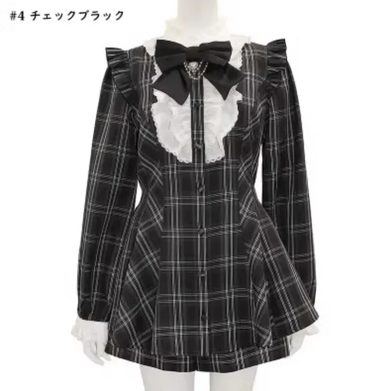 Sweet Outfits SC Suit Japanese Mine Plaid Long Sleeve Shirt Love Heart Bow Tie Chain Mass-Produced Dress and Culottes Set