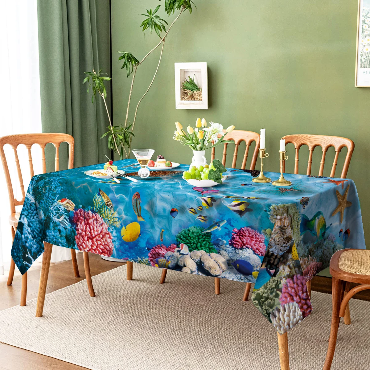 Marine Coral Jellyfish Fish Waterproof Rectangular Polyester Tablecloth Home Decor  Kitchen Living Room Wedding Party