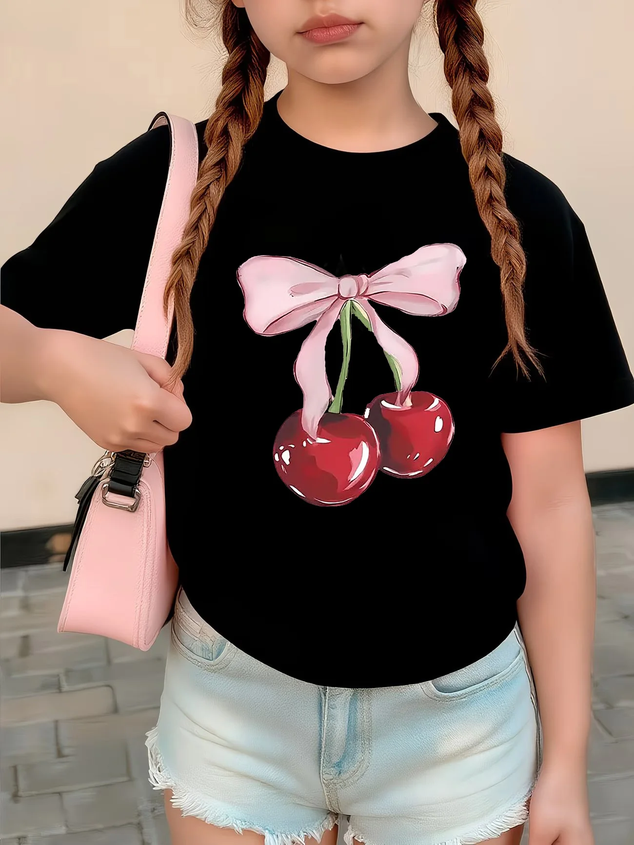 2026 Mädchen Y2K Schleife mit Kirsche Mode T-Shirts Kinder T-Shirt Mädchen Sommer Frühling Lässiges Oberteil Tee