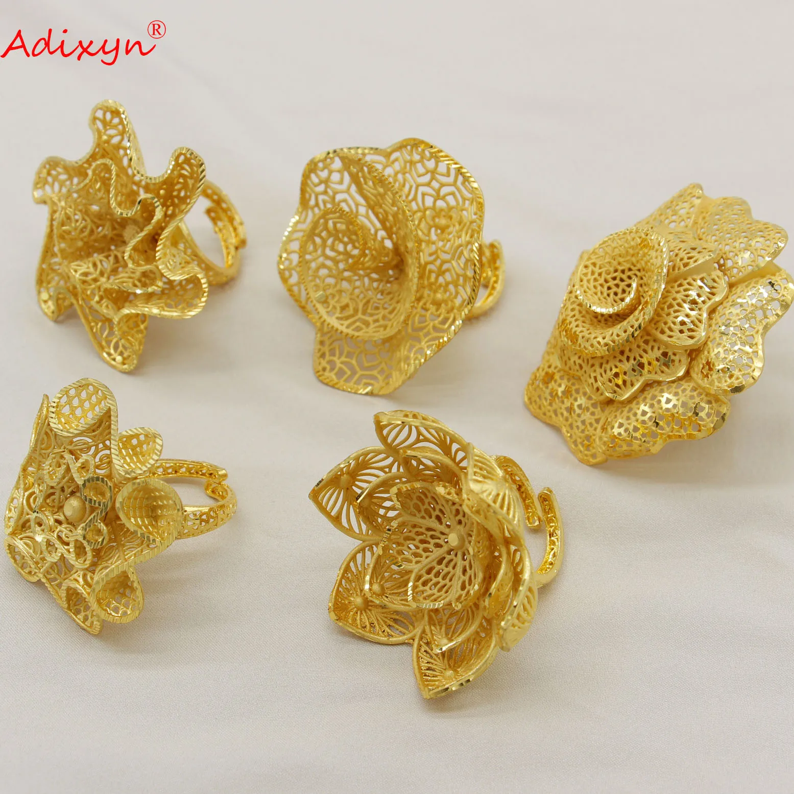 Adixyn Big Size Flower Shape Rings for Women 24k Gold Color Finger Rings African Jewelry Ethiopian Wedding Gifts N04242
