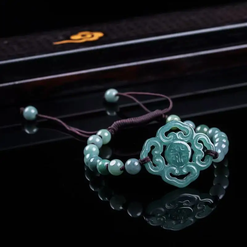 Natural Jadeite A-grade Bracelet Original Design Fashionable Blue Water Ice Type Round Bead Jewelry for Men and Women view 3