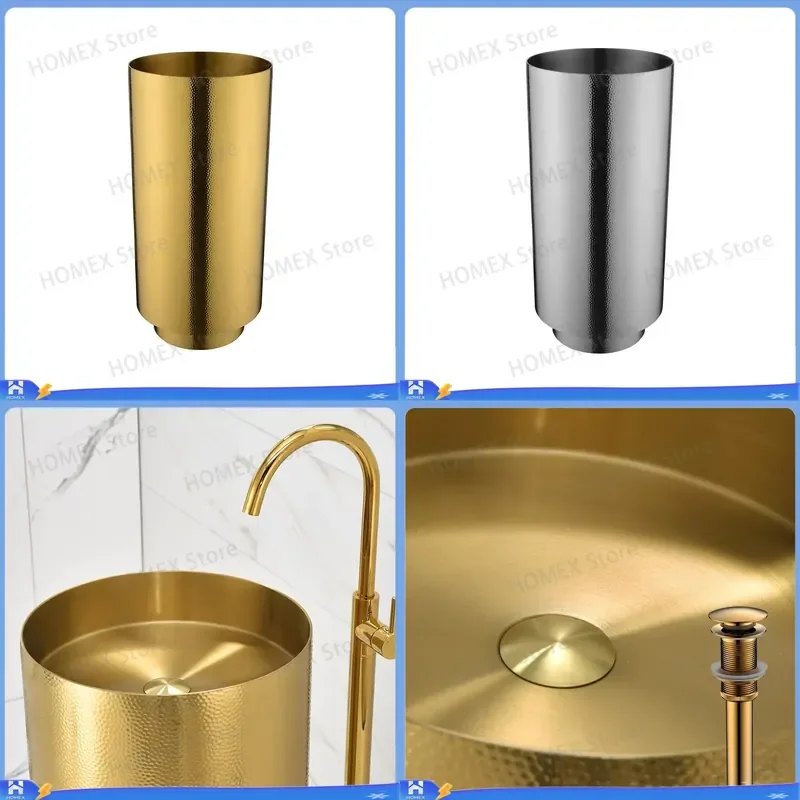 Modern Cylindrical 304 Stainless Steel Gold Bathroom Sink Embossed Pattern Floor Standing Wash Basin Hotel Luxury Pedestal