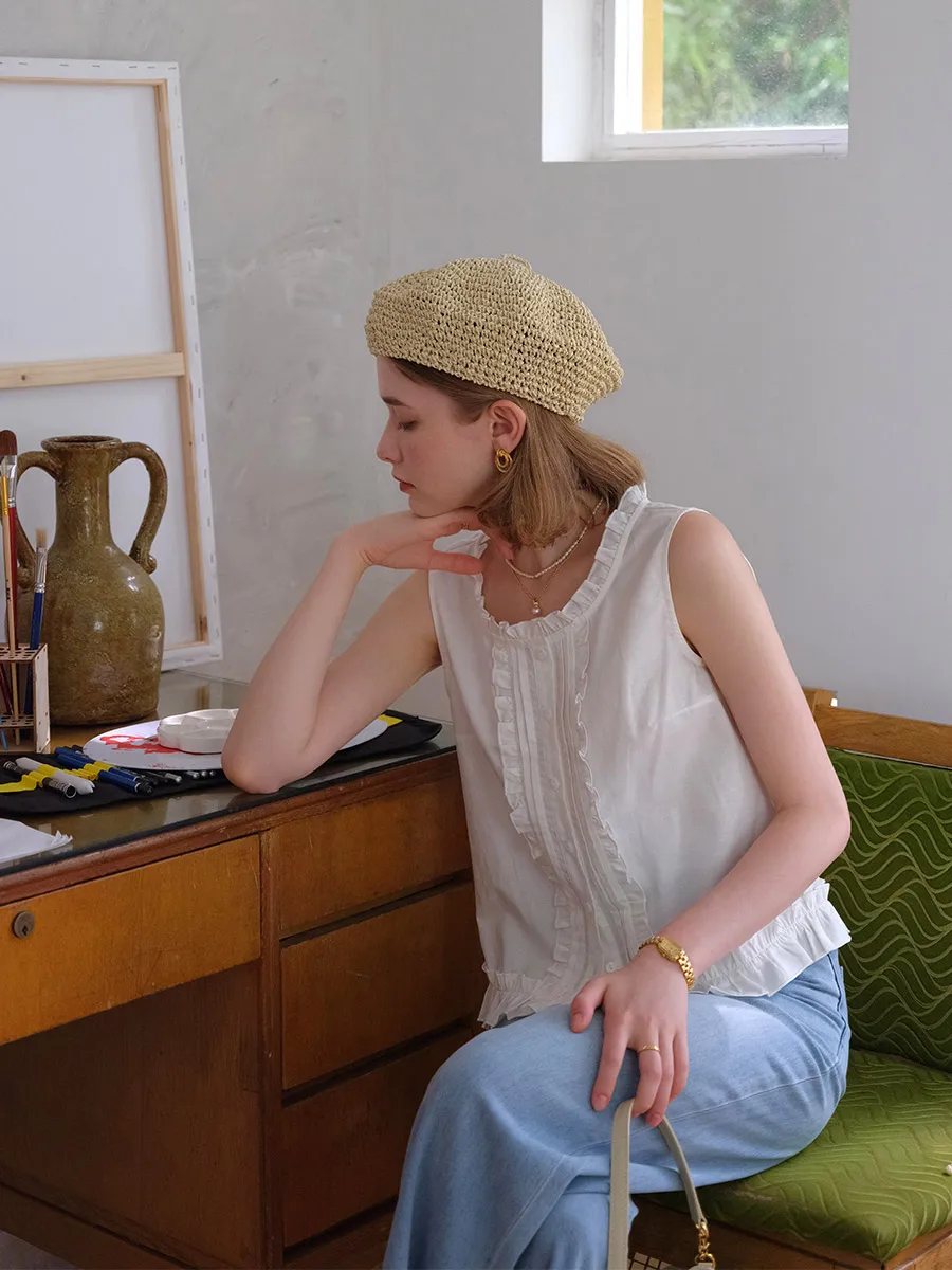 

Ranruo Beautiful Sleeveless White Shirt Women's Summer Cotton Linen Small Shirt Breathable Skin-friendly round Neck