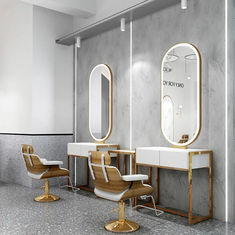 High Quality Barbershop Furniture Three Seater Salon Mirror Table Gold Oval Barber Station With Led