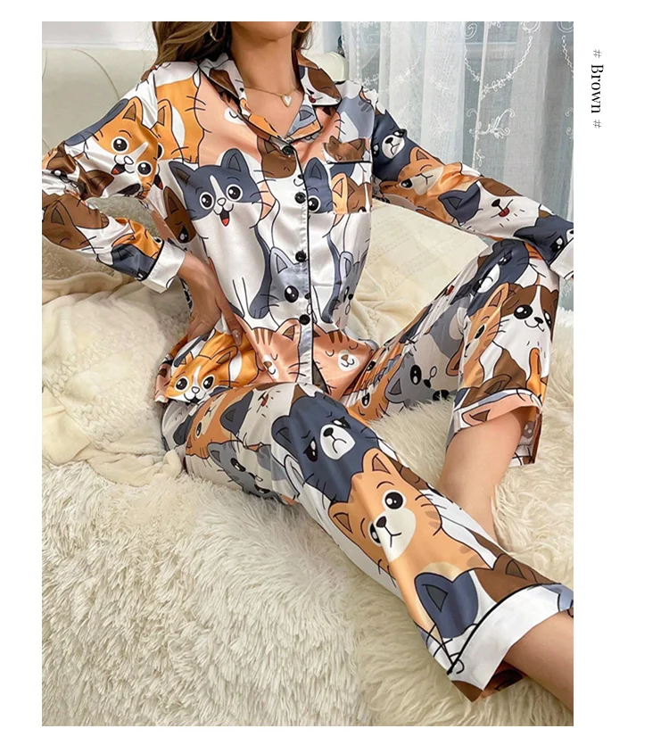 Niedlicher Pyjama mit Katzenmuster für Damen, Satin, langärmelig, Reverskragen, Oberteile und Hosen, Pyjama-Loungewear für Herbst, Damen-Nachtwäsche, Pyjama-Sets – Detail 8