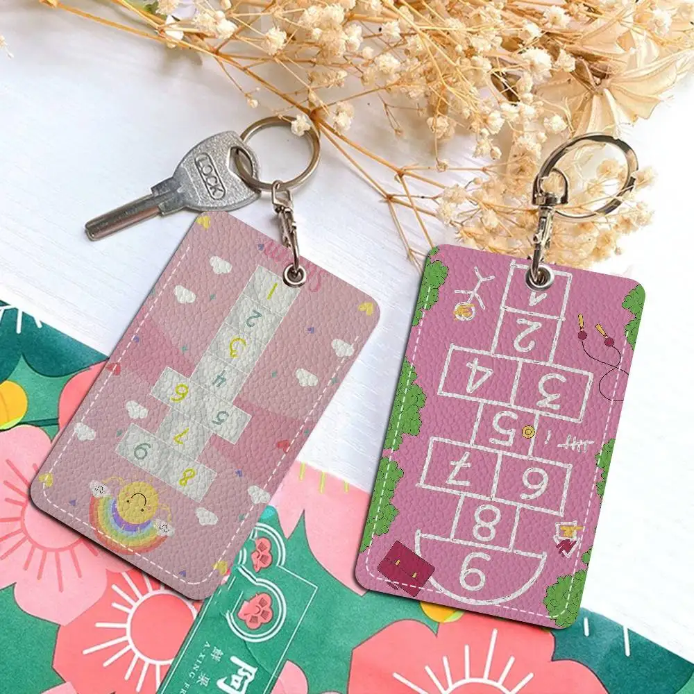 Hopscotch Cartoon Aesthetic Keychain With Access Card Holder, Bus Pass & Meal Card ID Bank Card Protective Case For Security