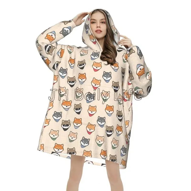 Cute Shiba Inu Dog Wearable Hoodie Blanket for Women Soft Flannel Pullover Sweatshirt Oversized Warm Cozy Fleece Sherpa Blanket
