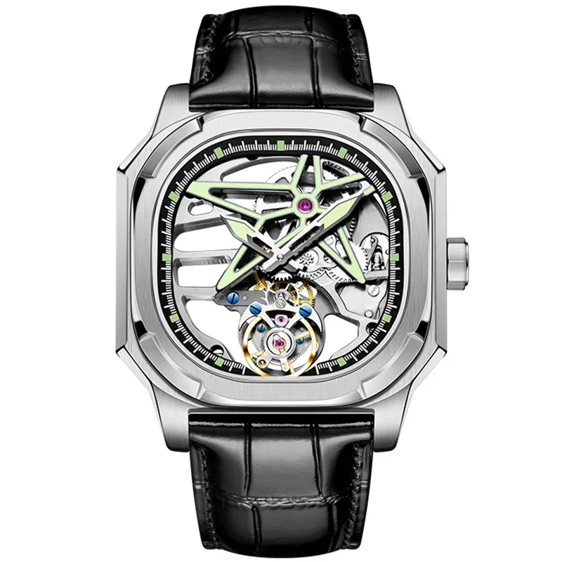 Aesop Luxury Men Tourbillon Mechanical Wristwatch Hand Wind Stainless Steel Square Watch Punk Skeleton Luminous Sapphire Glass