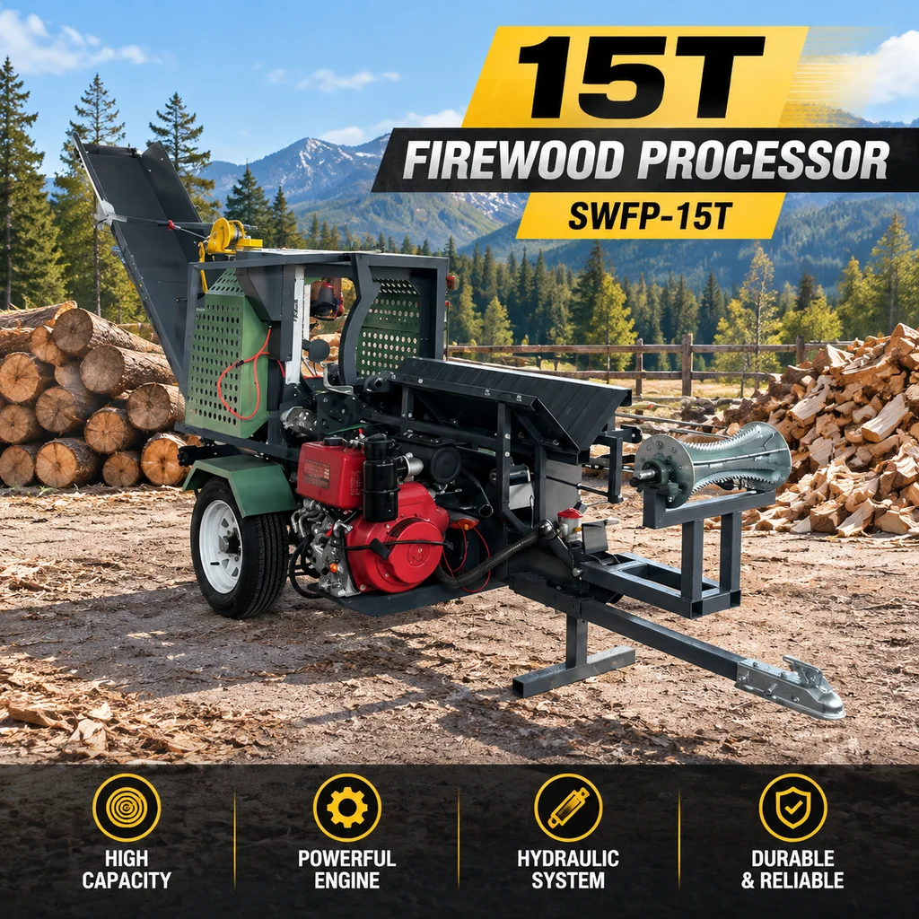 15T Manual Firewood Processor 15HP Hydraulic Log Splitter 7 Second Cycle 4 Way Knife for Farm Woodlots