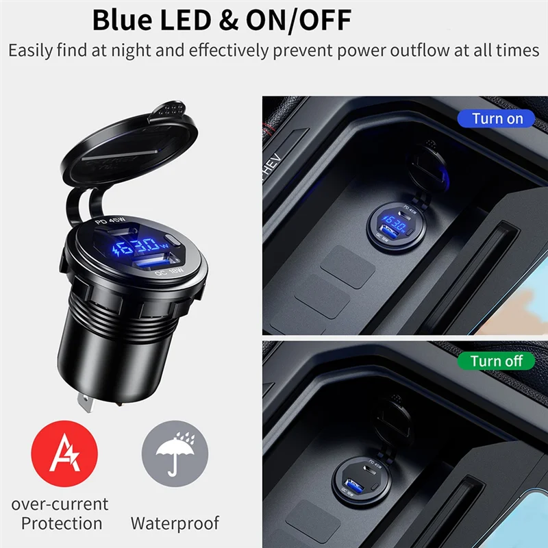 

Metal Fast Charge 3.0 And PD Type C45W USB18W Car Charger Socket USB Motorcycle Socket Power Socket Charging Durable