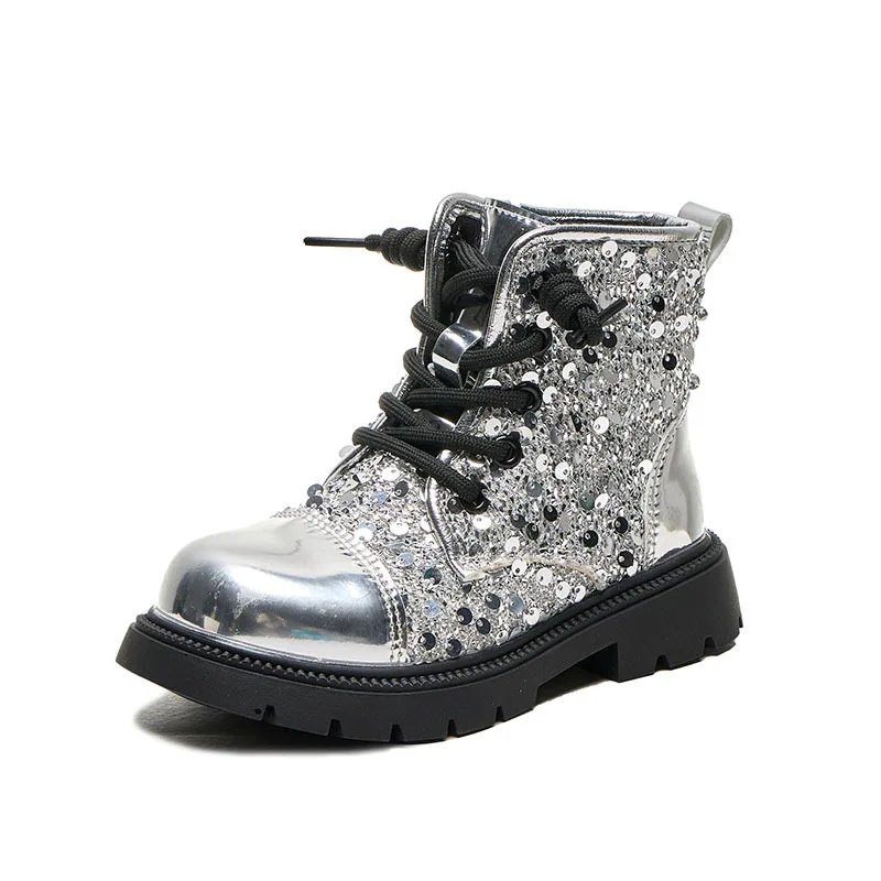 3-10Years Old Kids Boots Fashion Shiny sequined children's ankle boots Autumn New Girls Pu Leather Shoes Footwear Black Silver