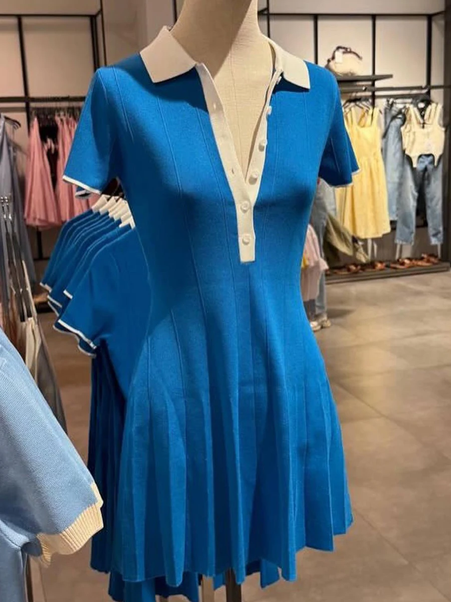 

Blue Knitted Mini Shirt Dresses Women Turndown Collar Single Breasted Short Sleeve Dress Simple Casual Fashion Pleated Dresses