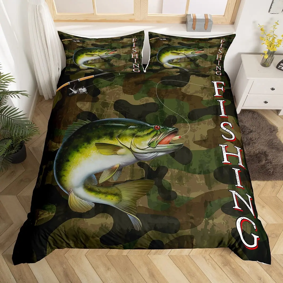 Pike Fish Bedding Striped Bass Big Pattern Hunting and Fishing Themed Duvet Cover for Kids Boys BedRoom Decorations for Teens