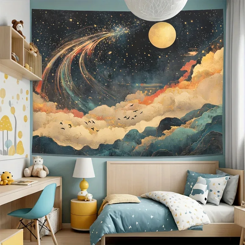 Dreamy Starry Sky Moon Cloud Tapestry, Machine Washable Polyester Wall Hanging, Bedroom Living Room Aesthetic Decor