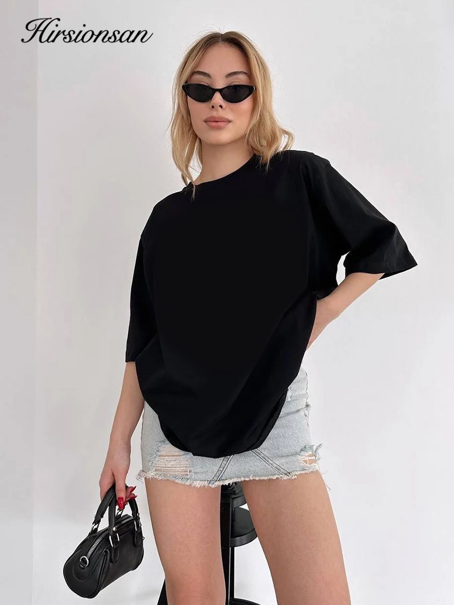 Hirsionsan 100% cotone T Shirt donna 2024 estate New oversize Solid Tees Casual elegante Tshirt lunga O collo femminile top larghi