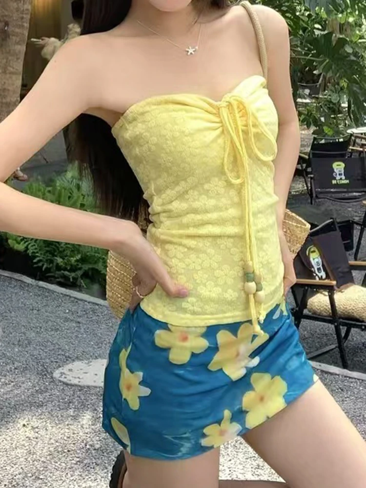 OIINAA مثير ثوب السباحة الرقبة محمولة عارية الذراعين مجموعة البكيني الكورية الدانتيل يصل الأزهار تنورة الشاطئ صيف 2025 جديد ربيع حار ملابس السباحة