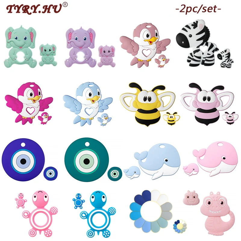 TYRY.HU 2Pcs/Set Cartoon Fox Tortoise Elephant Baby Silicone Teether And Beads BPA-Free Pacifier Chain DIY Accessories And Toys