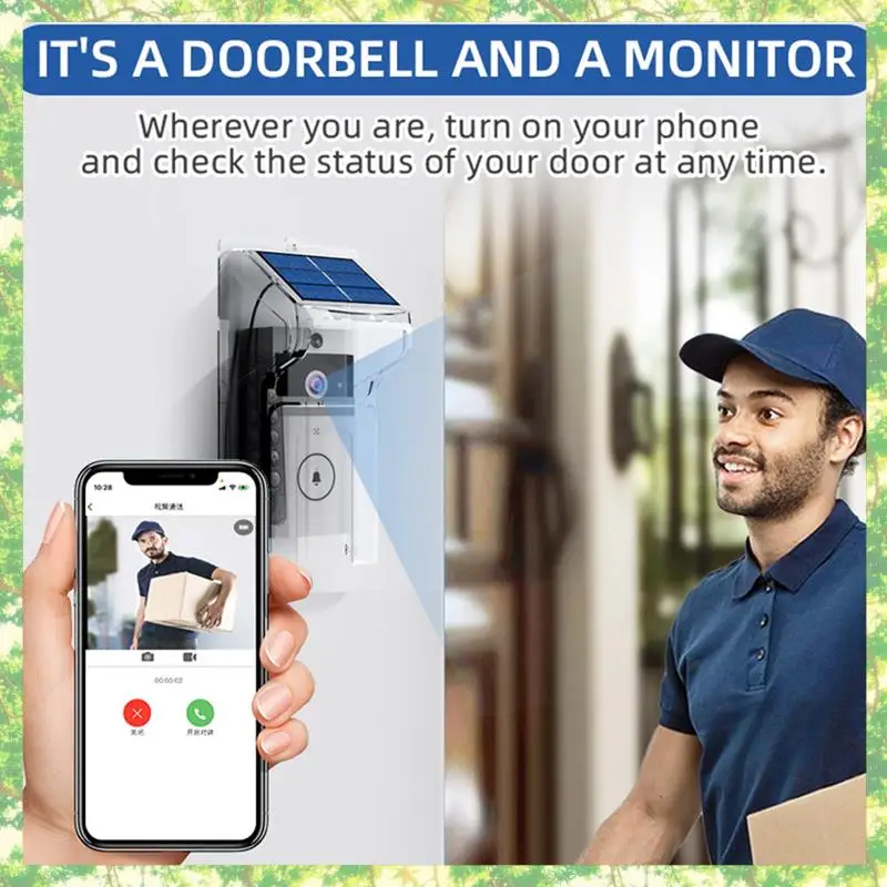 Campanello visivo intelligente Telecamera Ricarica solare wireless Visione notturna impermeabile Campanello HD per casa intelligente Citofono bidirezionale Voce