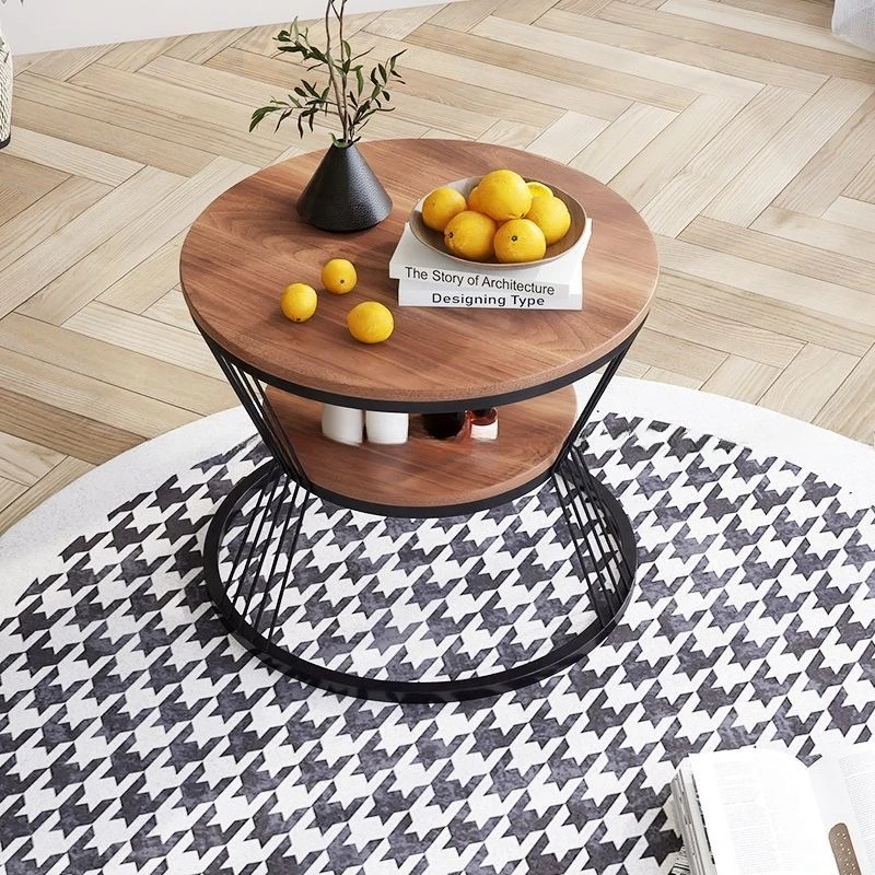 log walnut edge table, living room sofa, solid wood round small coffee table, medieval leisure, double storage table
