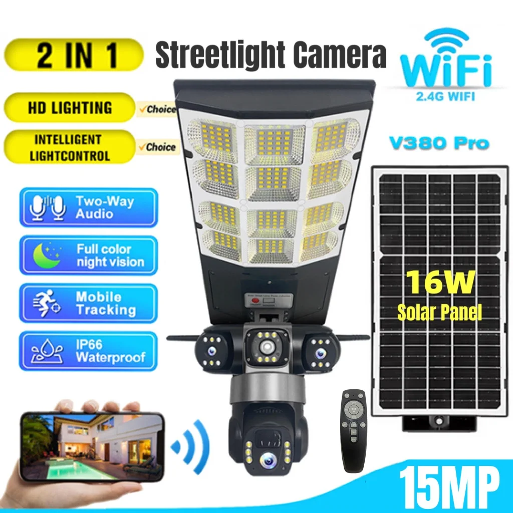 Wifi Outdoor Solar Camera Street Lights 16000mAh Battery 3 Light Modes Motion Detection Sensor Remote Control Three Lens IP Cam