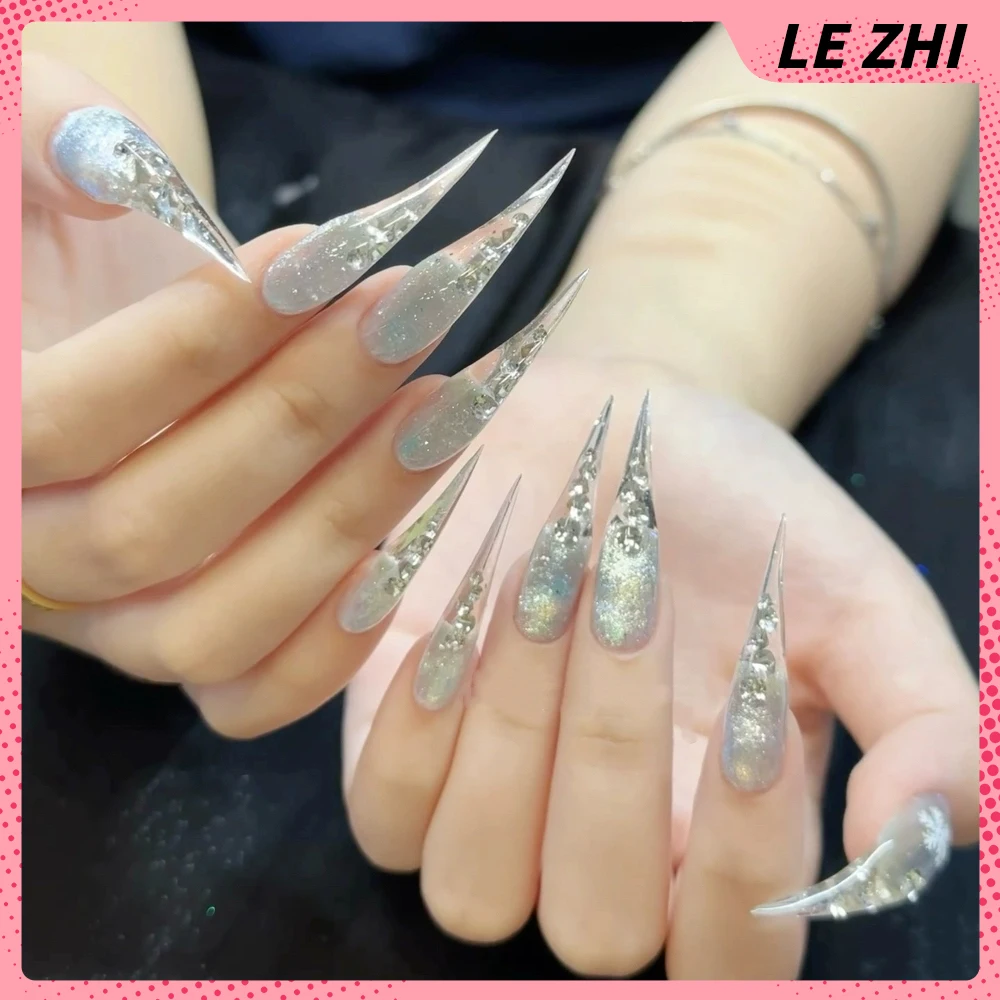 Y2K حار بنات طويل الوحش مخلب التنين على شكل مخلب اليدوية الصحافة على الأظافر المسامير الترتر التدرجات بلون غطاء كامل مسمار