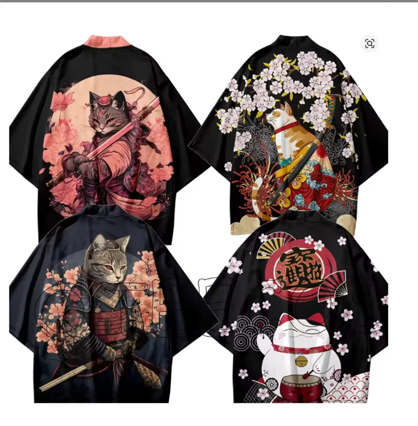

Japanese Sakura Cat Samurai 3D Print Men's kimono Summer Hip Hop Trend Cardigan Tops Fashion Oversized Five Point Sleeves Shirts