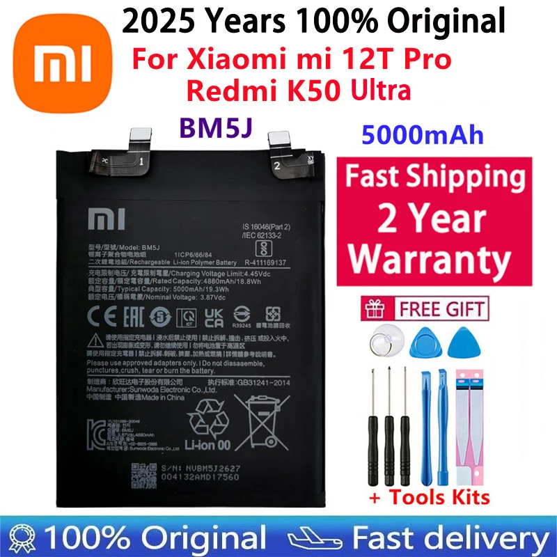 2025 Years 100% Original Replacement 5000mAh BM5J Battery For Xiaomi Mi 12T Pro Redmi K50 Genuine Phone Batteries Fast Shipping