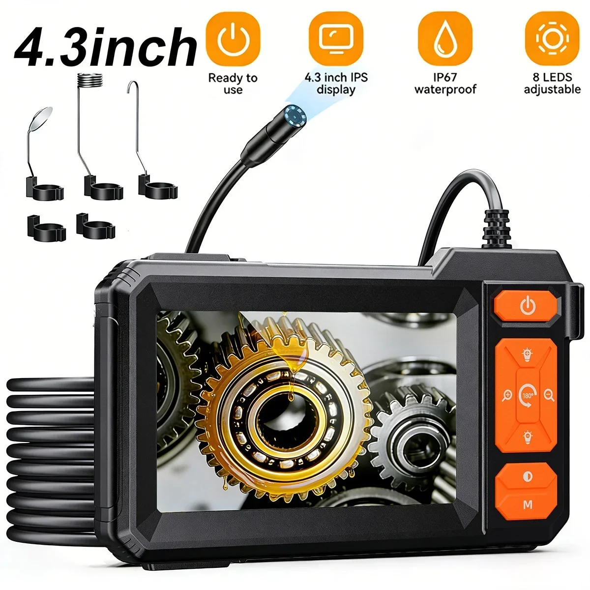 4.3'' IPS Screen 8mm HD Industrial Endoscope Camera with LED Lights Borescope for Car Engine Wall Pipe Vent Inspection