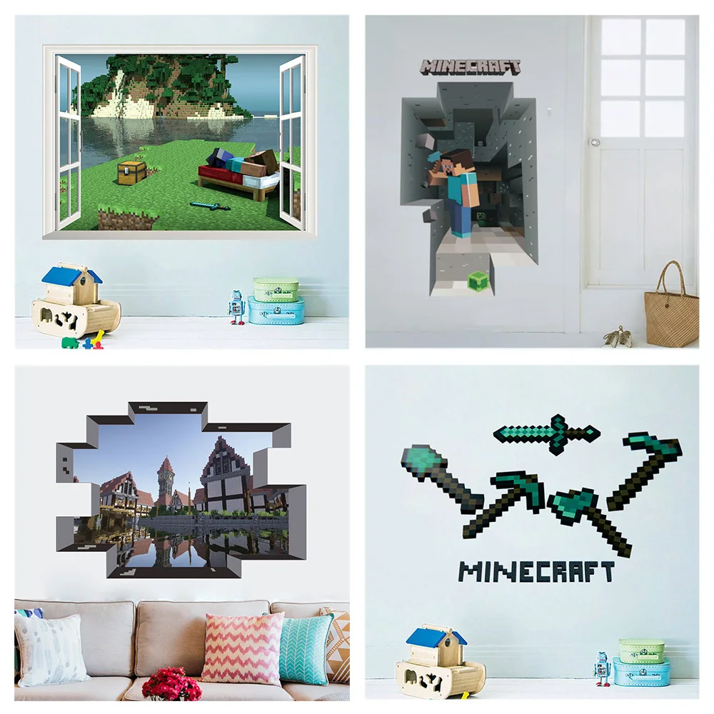 Popular Mosaic Game Wall Stickers For Kids Bedroom Home Art Boys Wall Decals Decoration Vivid 3d Window Hole Pvc Mural